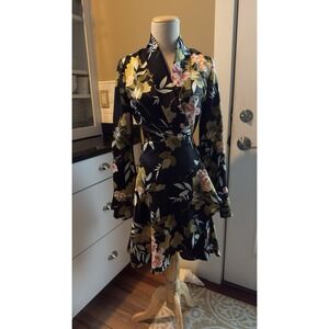 FORE Black Floral Dress Women's Tie Front Boho Classy Dancing Dining Sz Small